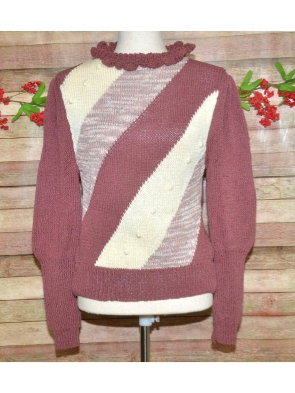 Vintage GiGi Sophia Y Kim Sweater Womens L Mauve Ruffle Collar Grannycore 80s